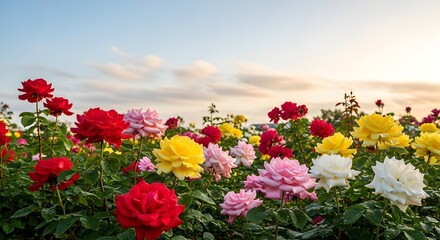 A beautiful rose garden with diverse colors blooming under a warm sky at sunrise
