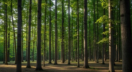 Tall slender trees reach towards the light in a serene, sun-dappled forest