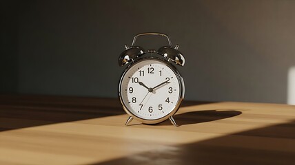 Classic alarm clock on wooden surface