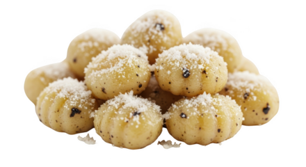 Pile of small round gnocchi with grated cheese and black pepper specks on black background pasta italian food