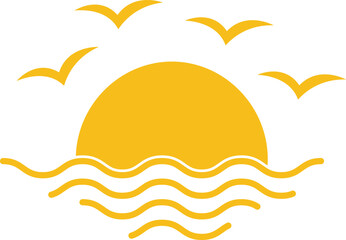 Yellow sun setting over wavy ocean with flying birds waves
