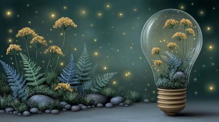 Whimsical illustration of a glass lightbulb filled with flowers and ferns amid glowing fireflies, ideal for eco innovation concepts, green energy campaigns, or creative branding.