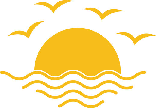 Yellow sun setting over wavy ocean with flying birds waves