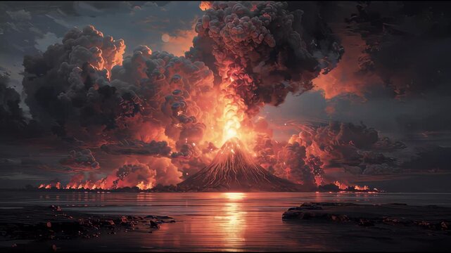 Dramatic volcanic eruption spews fiery ash clouds into the twilight sky over the ocean