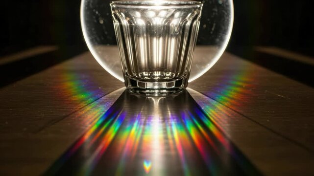 Optical Phenomenon: Rainbow Light Refraction through Crystal Glass on Dark Wood Surface fifty six