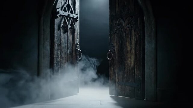 Ancient gothic wooden door slowly creaking open in a dimly lit, fog-filled hall revealing an ominous, dark space with a strong paranormal aura mystical, building, passage