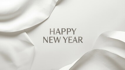 A festive Happy New Year card with elegant white fabric and modern typography