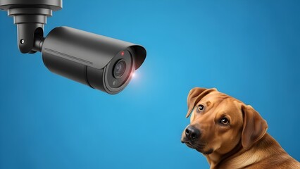 Smart Home Security Concept - Dog Being Monitored by CCTV Surveillance Camera