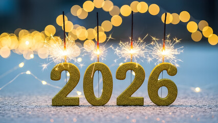 Glittery gold numbers 2026 with sparklers and festive lights