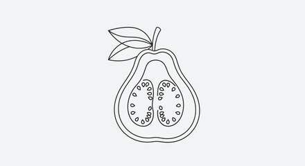 Minimalist Line Drawing of a Pear with Inner Seeds and Leaf on Light Background