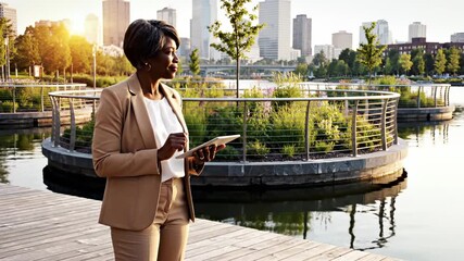Businesswoman checks tablet on waterfront boardwalk near city skyline. Woman uses tablet by floating garden at sunset. Professional woman with tablet on boardwalk. City waterfront tablet use.
