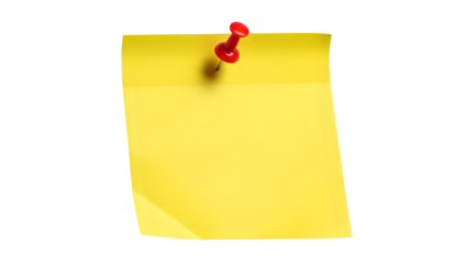 Yellow sticky note isolated on transparent background with red push pin