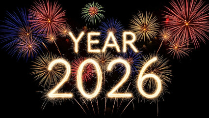 Vibrant fireworks celebrate the arrival of Year 2026 with sparkling lights