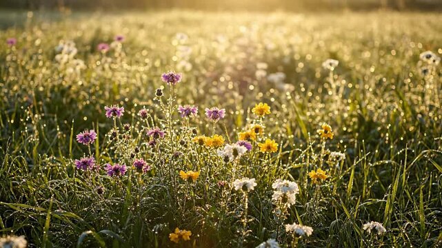 Authentic ground-level view of dew-kissed wildflowers glistening and vibrating with a gentle morning breeze in a lush meadow serene, environment, meditation