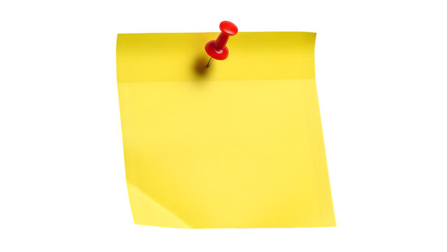 Yellow sticky note isolated on transparent background with red push pin