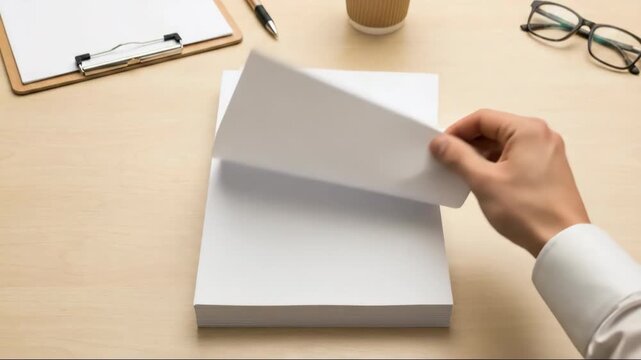 Clean bright workspace featuring a blank paper stack and minimalist aesthetics