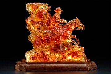 A cowboy rides a horse, both sculpted from amber, standing on a wooden base, reflecting artistic skill and detail