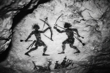 Two figures are depicted with bows and arrows on a rock surface. This shows an ancient cultural scene from history
