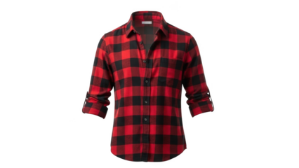 Red and black buffalo plaid long sleeve button up shirt with rolled sleeves image
