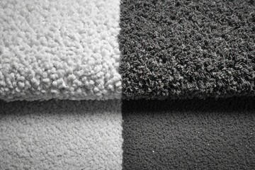 Two rugs in white and black colors sit side by side, showing their different textures and styles in a simple setting