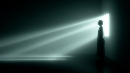 Silhouette of woman in light ray leaving darkness. Female silhouette standing in a beam of light, symbolizing hope and new beginnings