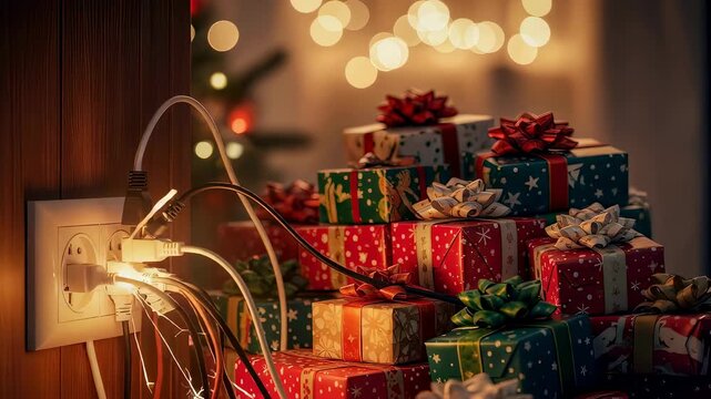 Wall socket sparks and Christmas presents catch fire from electrical overload, illustrating fire safety risk during holiday
