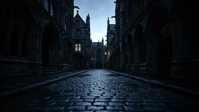 Cinematic steadycam dolly shot through an empty, mysterious cobblestone street in an ancient gothic settlement at twilight village, empty mysterious cobblestone street, deserted