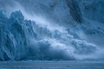Large chunks of ice fall into the water from a glacier, causing waves and splashes under a cloudy sky