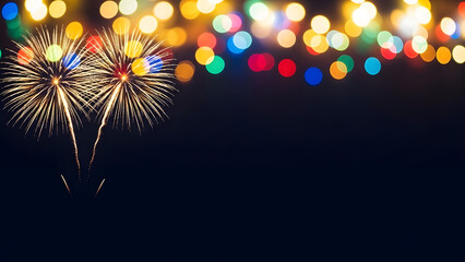 Vibrant fireworks display against colorful city lights at night