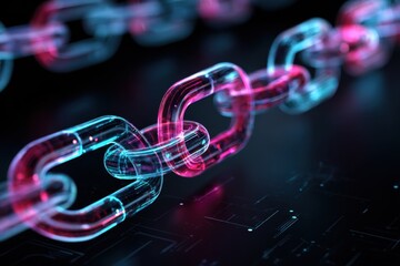 Glowing blue and pink digital blockchain links creating a vibrant connection in a virtual environment
