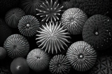 Different shapes of coral are displayed in black and white under the surface of the ocean showcasing marine life