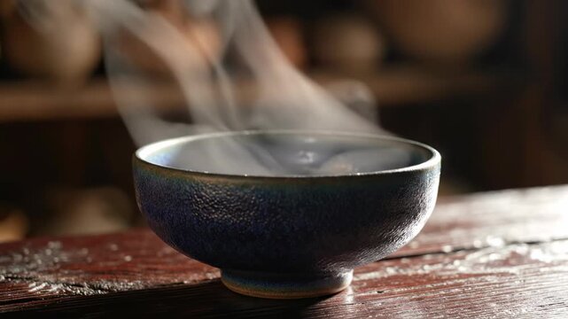 Steaming Bowl: A close-up shot of a ceramic bowl, emanating gentle plumes of steam, is a visual metaphor for warmth, comfort, and the sensory experience of a hot beverage.
