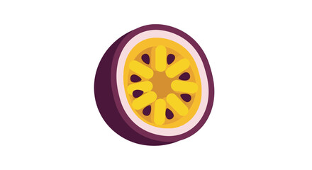 Illustration of a sliced passion fruit showing vibrant yellow pulp and dark seeds against a plain