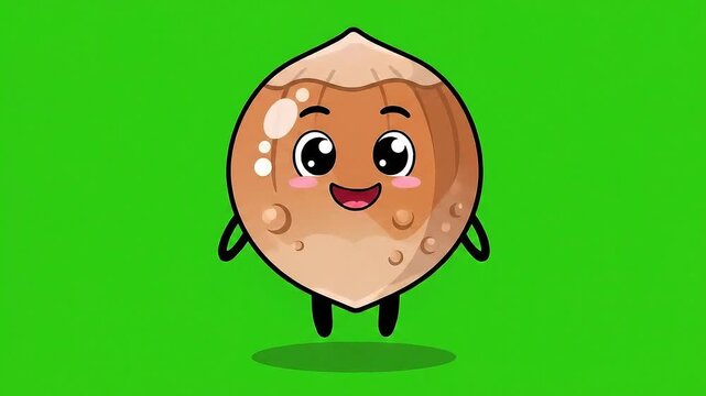 Cute Pixel Art Hazelnut Character Dancing Joyfully On A Vibrant Green Screen Background With Expressive Eyes and Rosy Cheeks