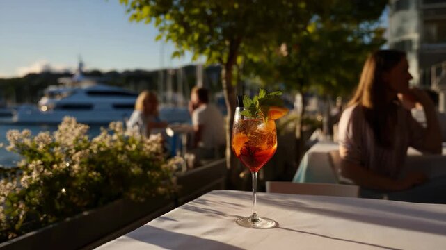 Elegant outdoor waterfront dining scene with colorful cocktails and boats