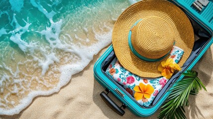 Open turquoise suitcase on sandy beach, summer vacation. Ocean waves