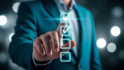 Businessman interacting with virtual checkboxes in a futuristic digital interface