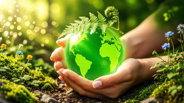 Hands gently holding a glowing green globe with fern leaf on a mossy forest floor with bokeh. Symbolizes nature, ecology, environmental protection.