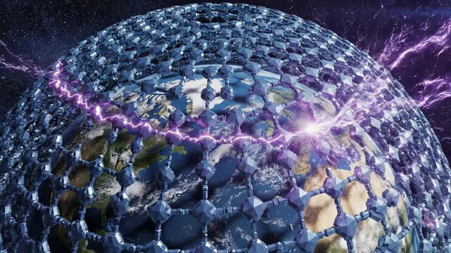 A Futuristic Earth: A cutting-edge conceptualization of Earth enveloped in a protective, energy-based shell, illustrating the potential of advanced technology to safeguard our planet. 
