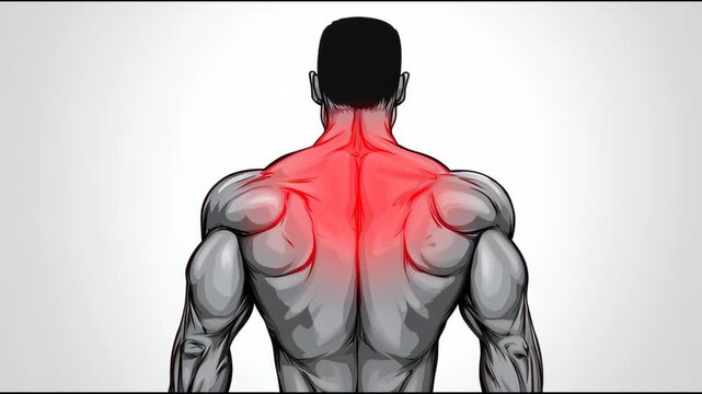 Illustration of a muscular man's back with highlighted pain in the neck and shoulder area