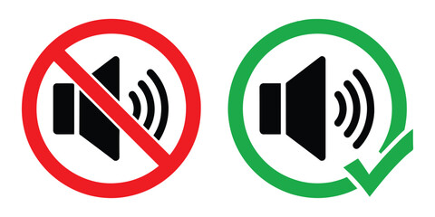 Vector icons of sound on and off with checkmark isolated on white background