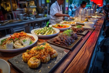 Fototapeta premium Savory Asian fusion cuisine served streetside with colorful dishes and fresh ingredients prepared by expert chefs at night