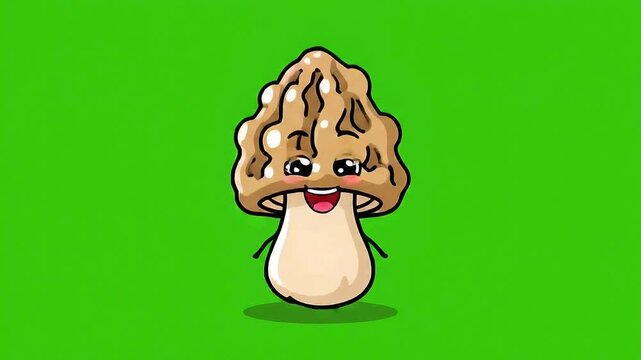 Cute Morels Mushroom Character Dancing Joyfully Isolated on Vibrant Green Screen Background Animated