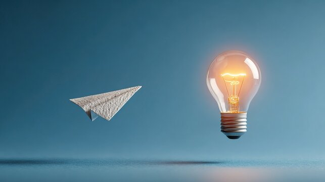 Conceptual Floating Paper Airplane Flying Towards Glowing Light Bulb Innovation