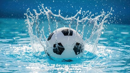 Classic black & white soccer ball dynamically splashes into clear blue water, creating an exciting crown