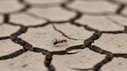 Obraz premium Close-up of a lone ant navigating a dry, cracked earth surface, highlighting themes of resilience and survival in arid conditions