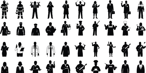 Silhouette profession icon set featuring diverse careers with tools and attire for educational, occupational, and graphic design themes. © Shirina