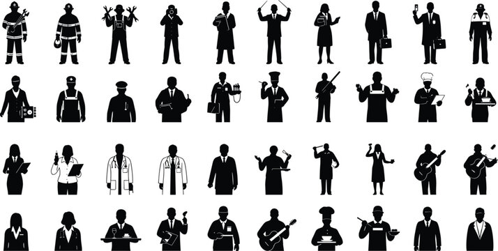 Silhouette profession icon set featuring diverse careers with tools and attire for educational, occupational, and graphic design themes.
