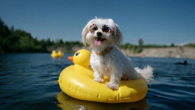 Cute white dog enjoying sunny day on yellow rubber duck float in water