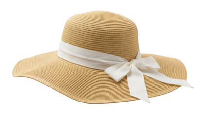 Straw sun hat with white ribbon bow on black background straw hat wide brim hat
